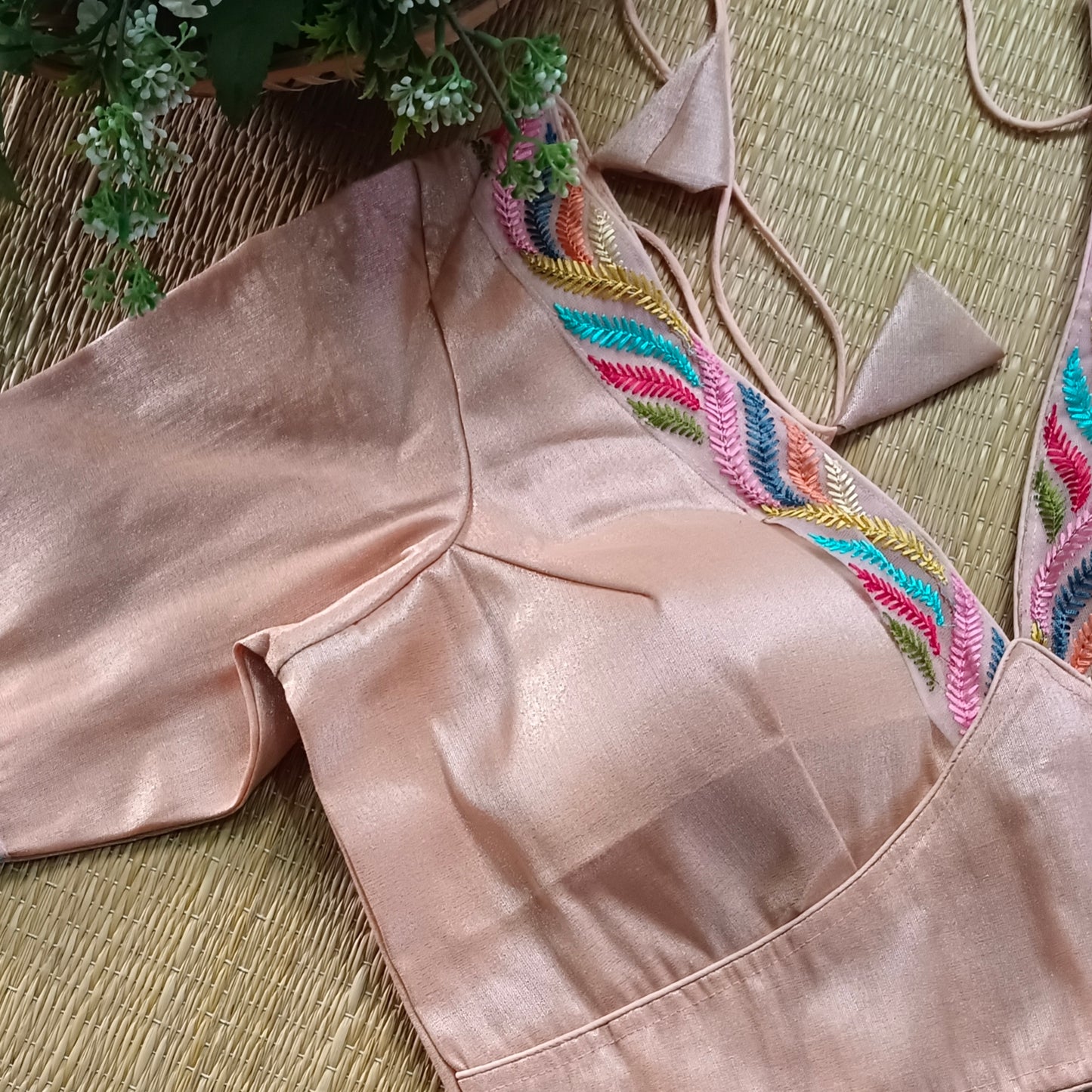 Pastel pink tissue blouse with multicolor embroidery