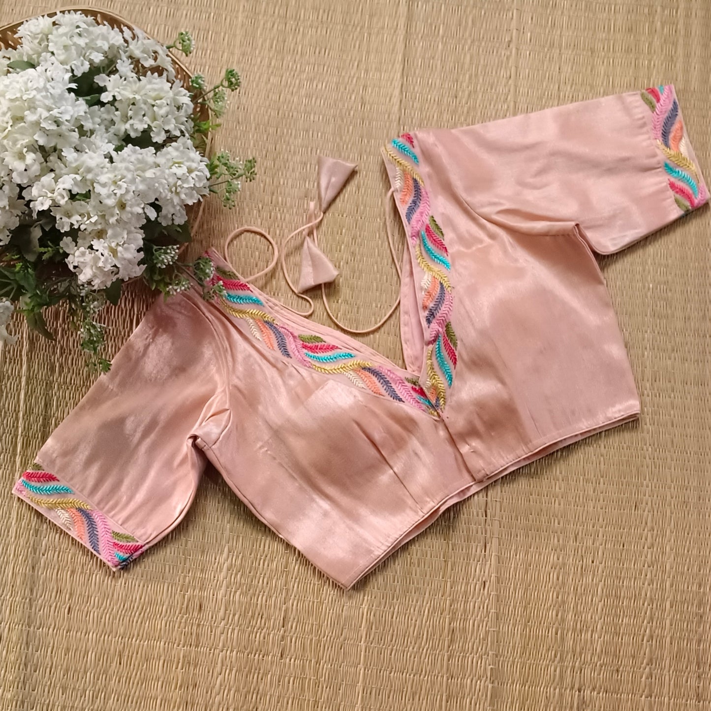 Pastel pink tissue blouse with multicolor embroidery