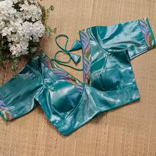 Teal blue tissue blouse with multicolor embroidery