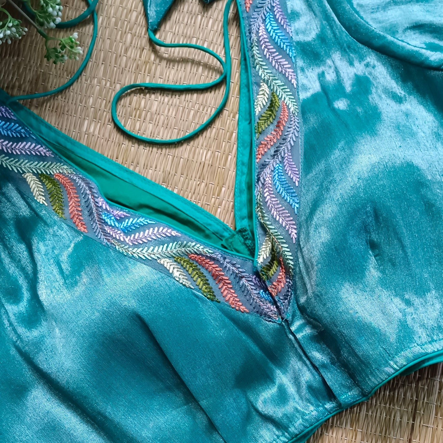 Teal blue tissue blouse with multicolor embroidery