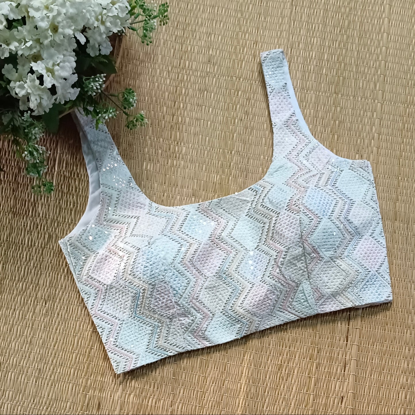 White multi color embroidery sequence blouse