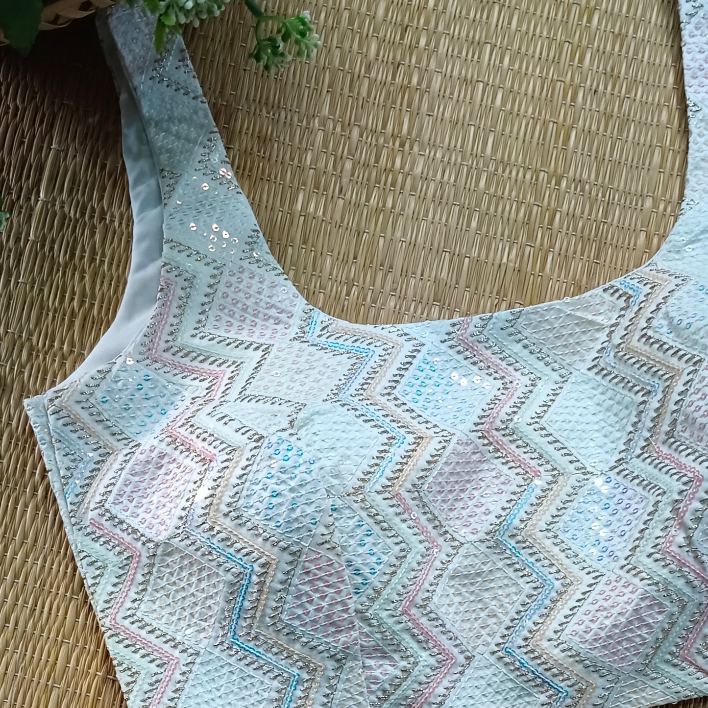 White multi color embroidery sequence blouse