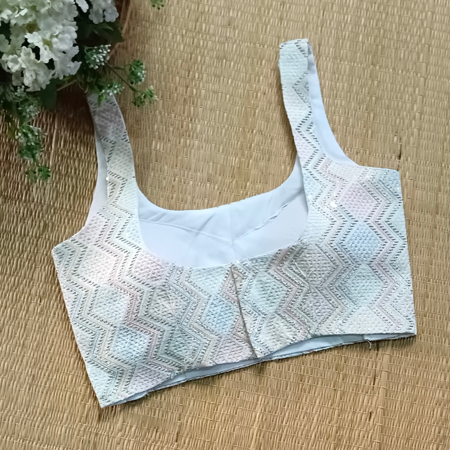 White multi color embroidery sequence blouse