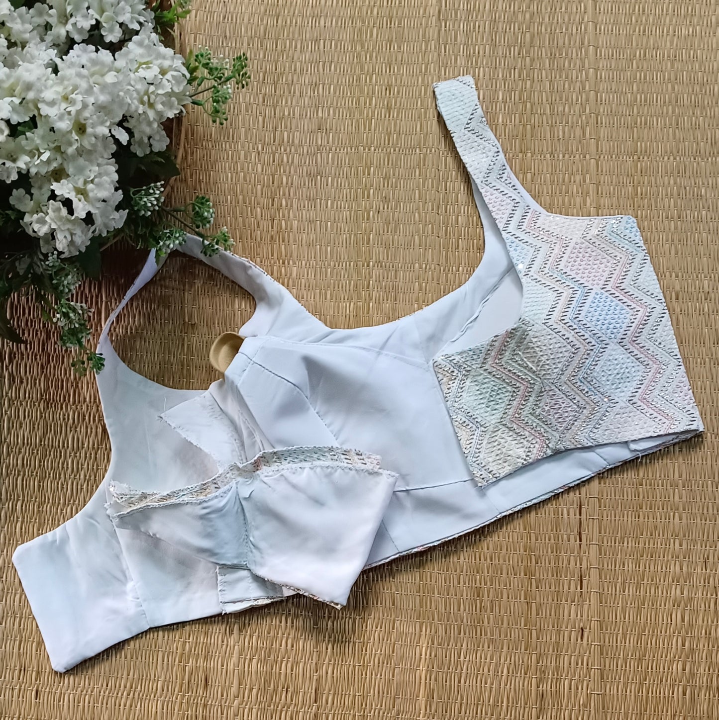 White multi color embroidery sequence blouse