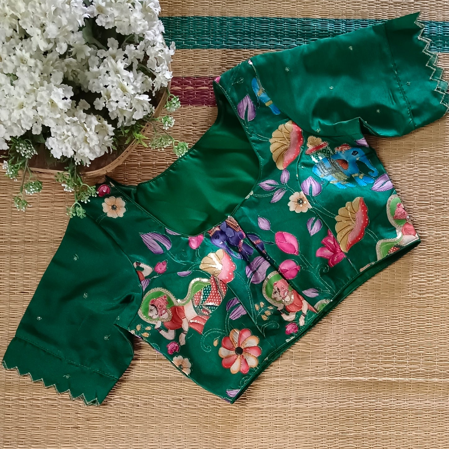 Leaf Green crepe code work blouse
