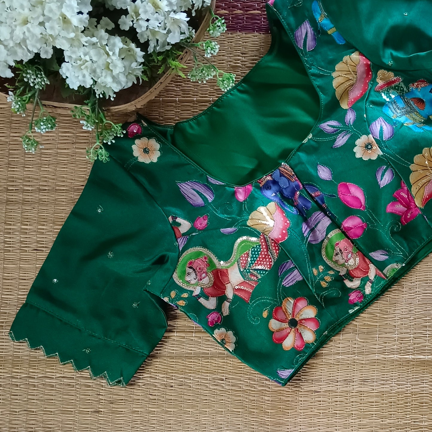 Leaf Green crepe code work blouse