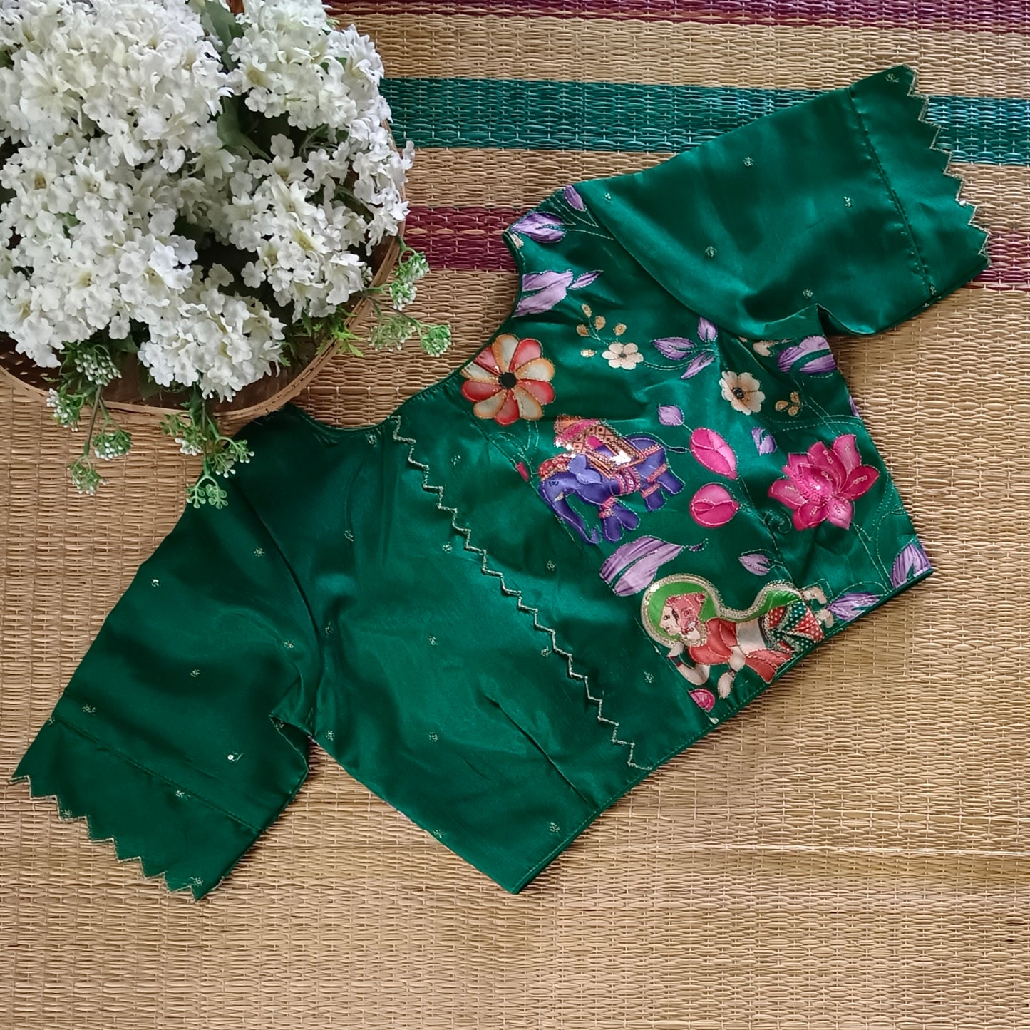 Leaf Green crepe code work blouse