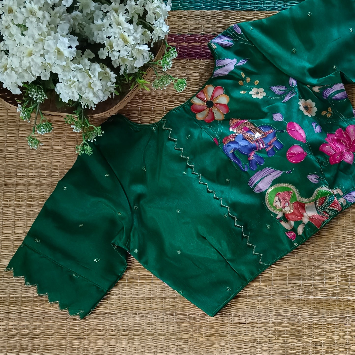 Leaf Green crepe code work blouse