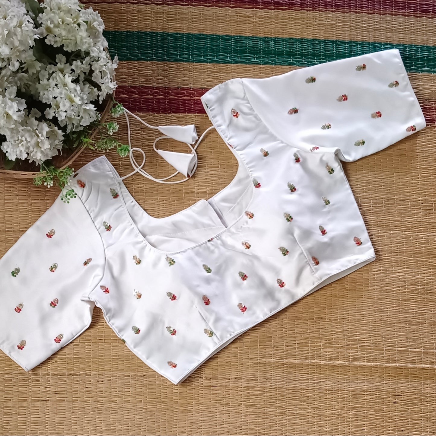 Classic white multicolor embroidery with sequence blouse