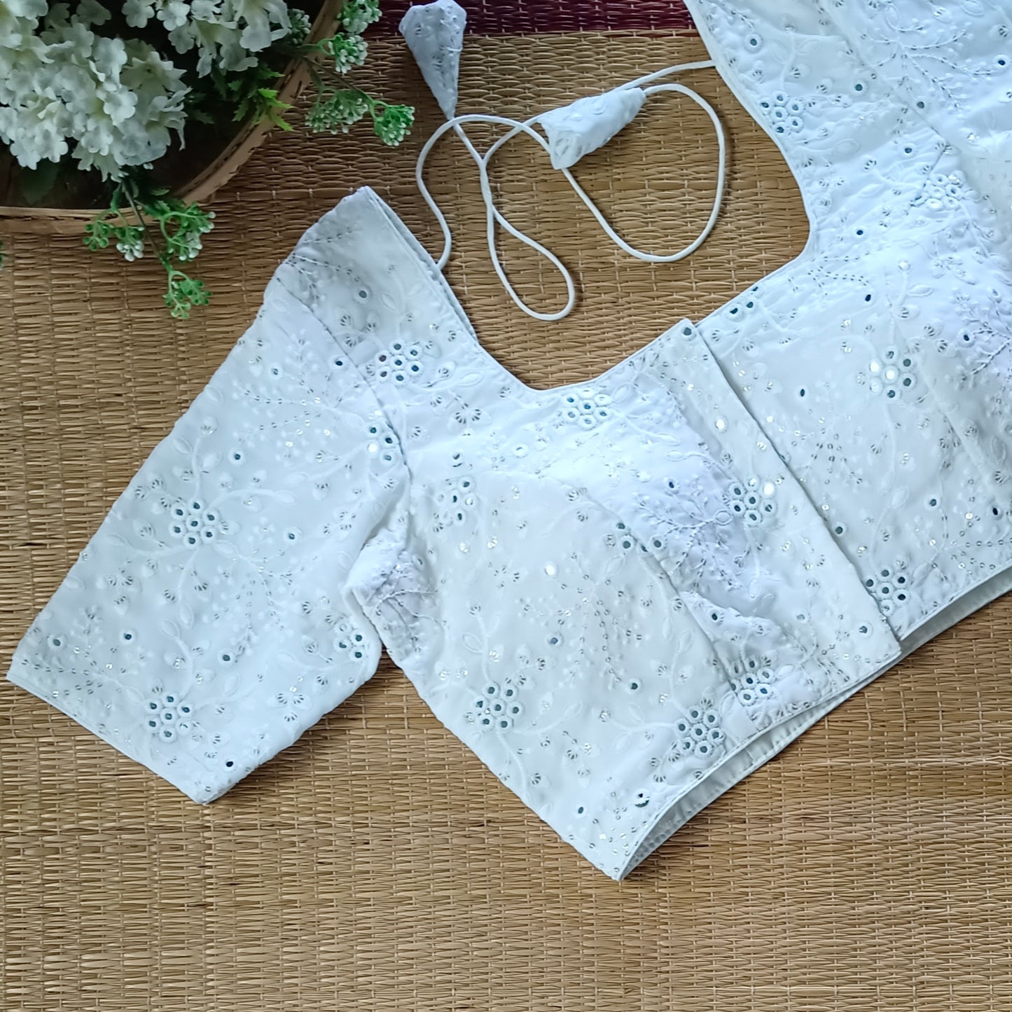 Classic white heavy embroidery & mirror blouse