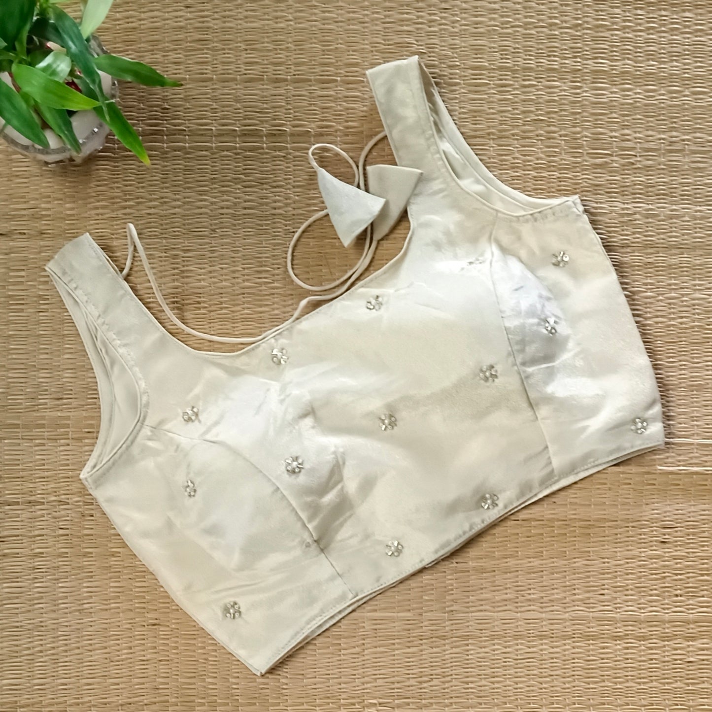 Light Golden Tissue blouse with pearl and cut dhana work( assorted )