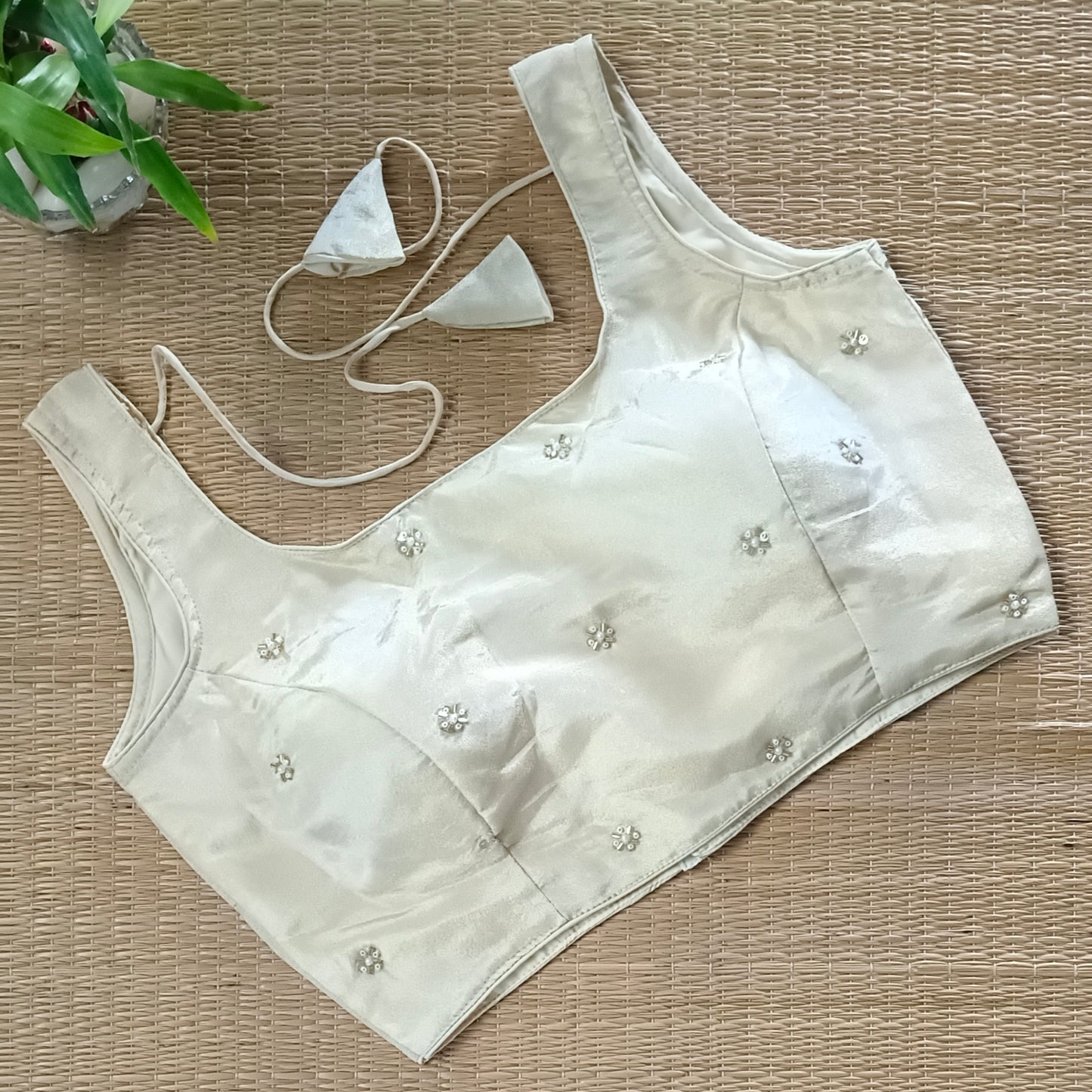 Light Golden Tissue blouse with pearl and cut dhana work( assorted )