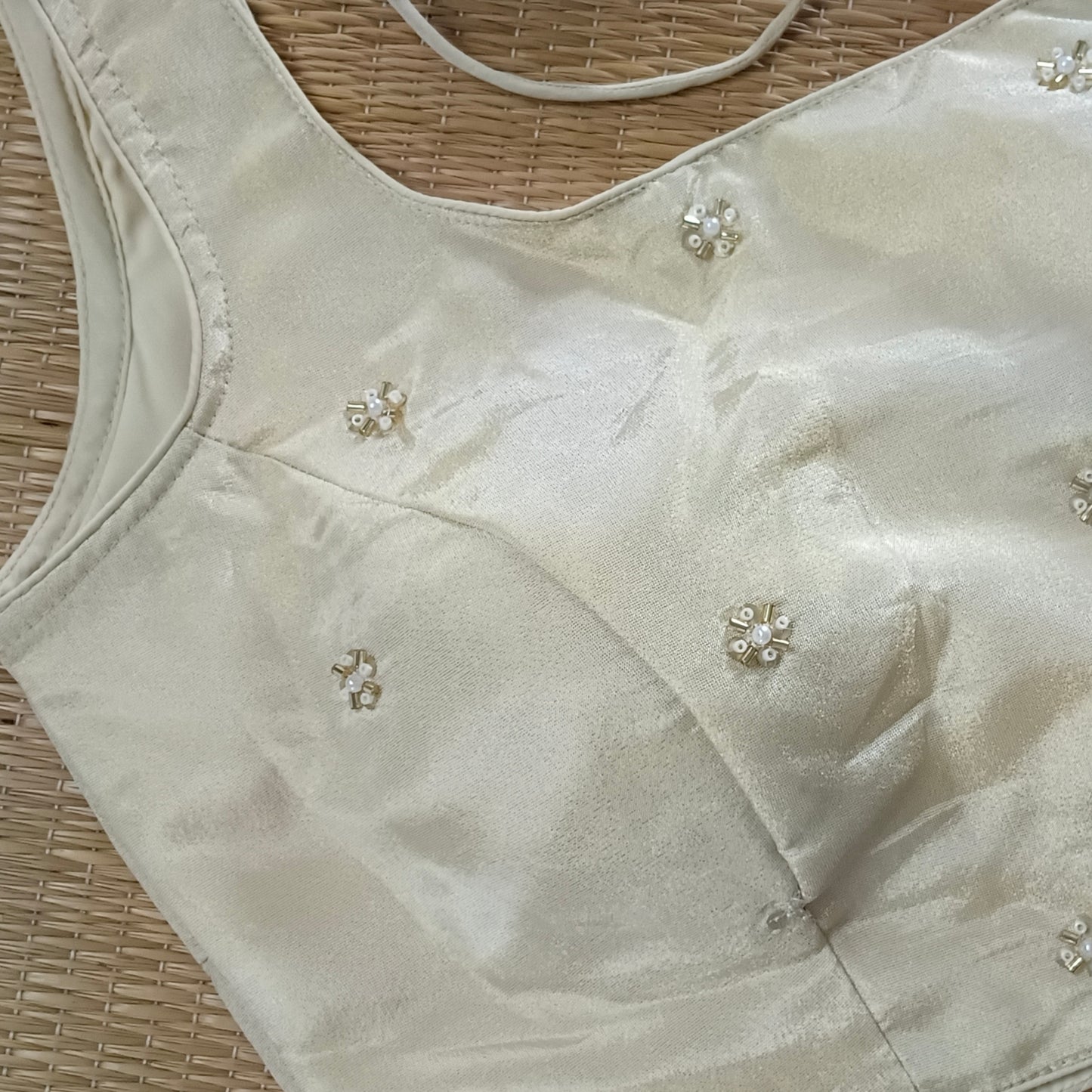 Light Golden Tissue blouse with pearl and cut dhana work( assorted )