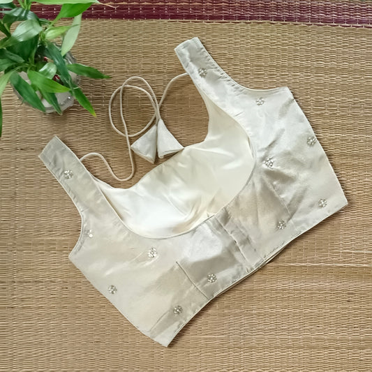 Light Golden Tissue blouse with pearl and cut dhana work( assorted )