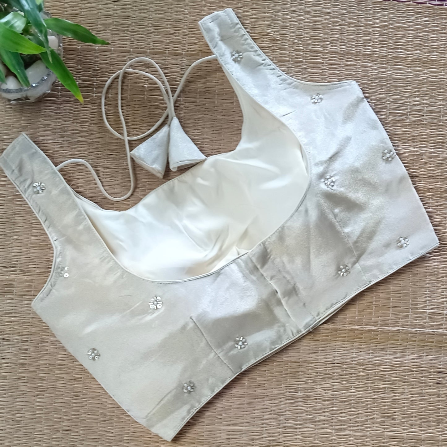 Light Golden Tissue blouse with pearl and cut dhana work( assorted )