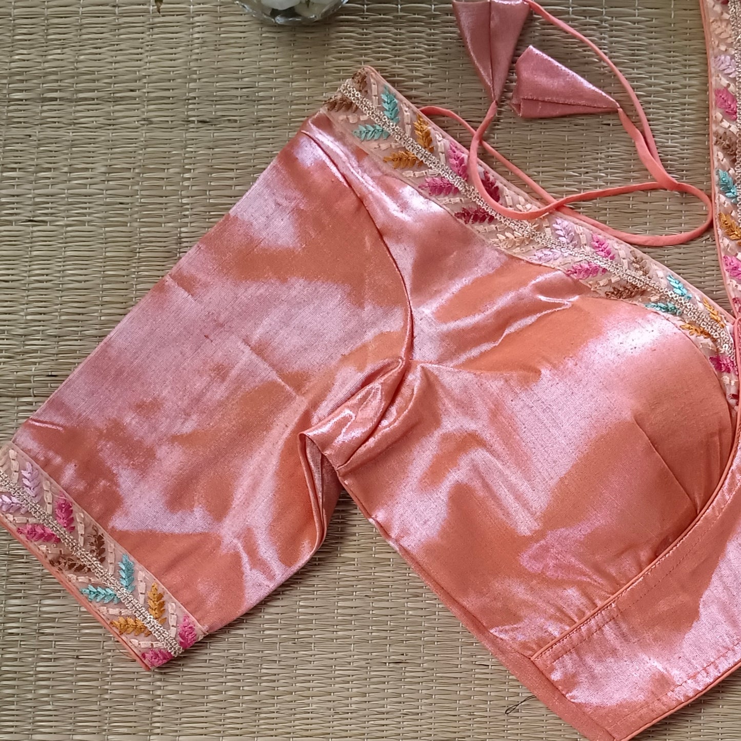 Pastel Orange tissue blouse with multicolor embroidery