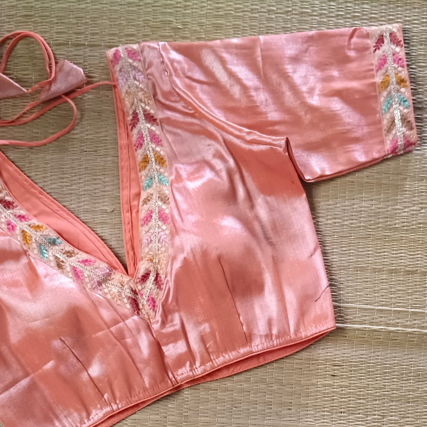 Pastel Orange tissue blouse with multicolor embroidery