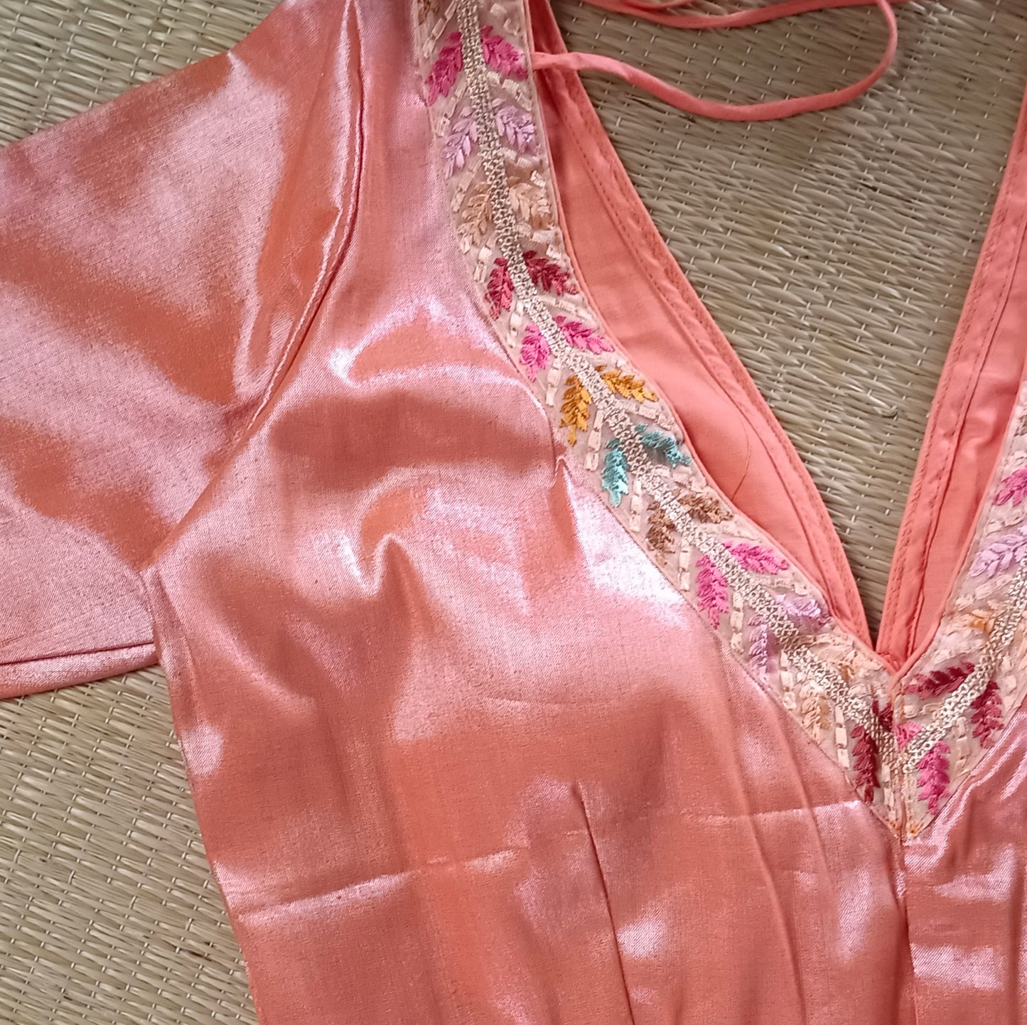 Pastel Orange tissue blouse with multicolor embroidery