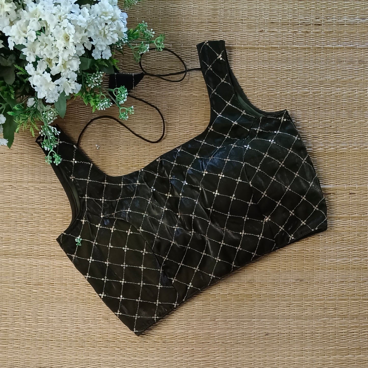 Dark mehendi green Tissue blouse with golden sequence( attachable sleeves)