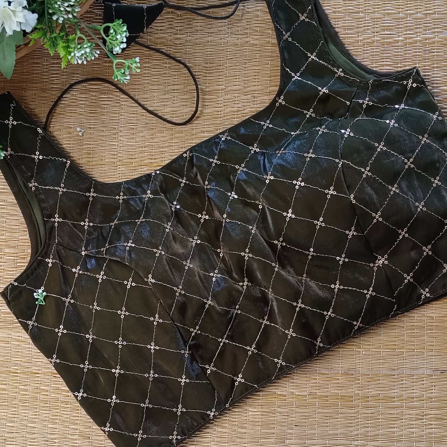 Dark mehendi green Tissue blouse with golden sequence( attachable sleeves)