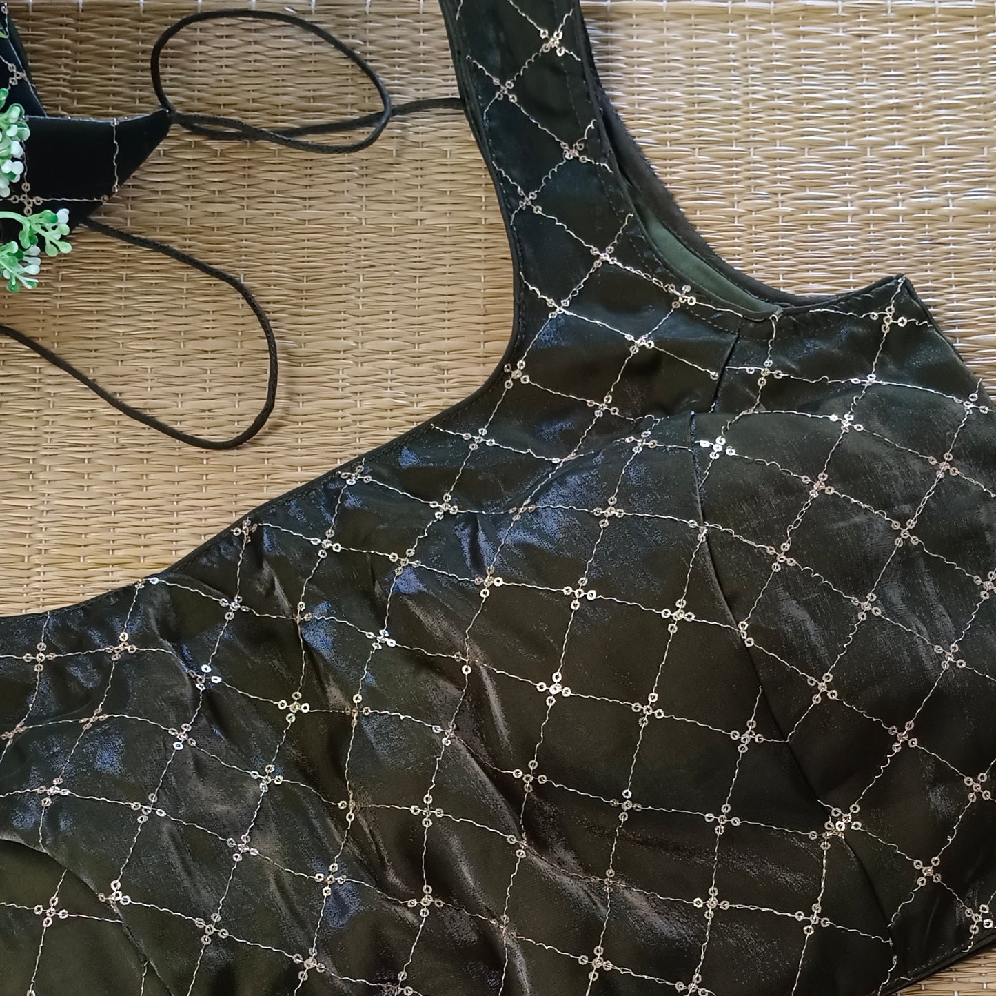 Dark mehendi green Tissue blouse with golden sequence( attachable sleeves)