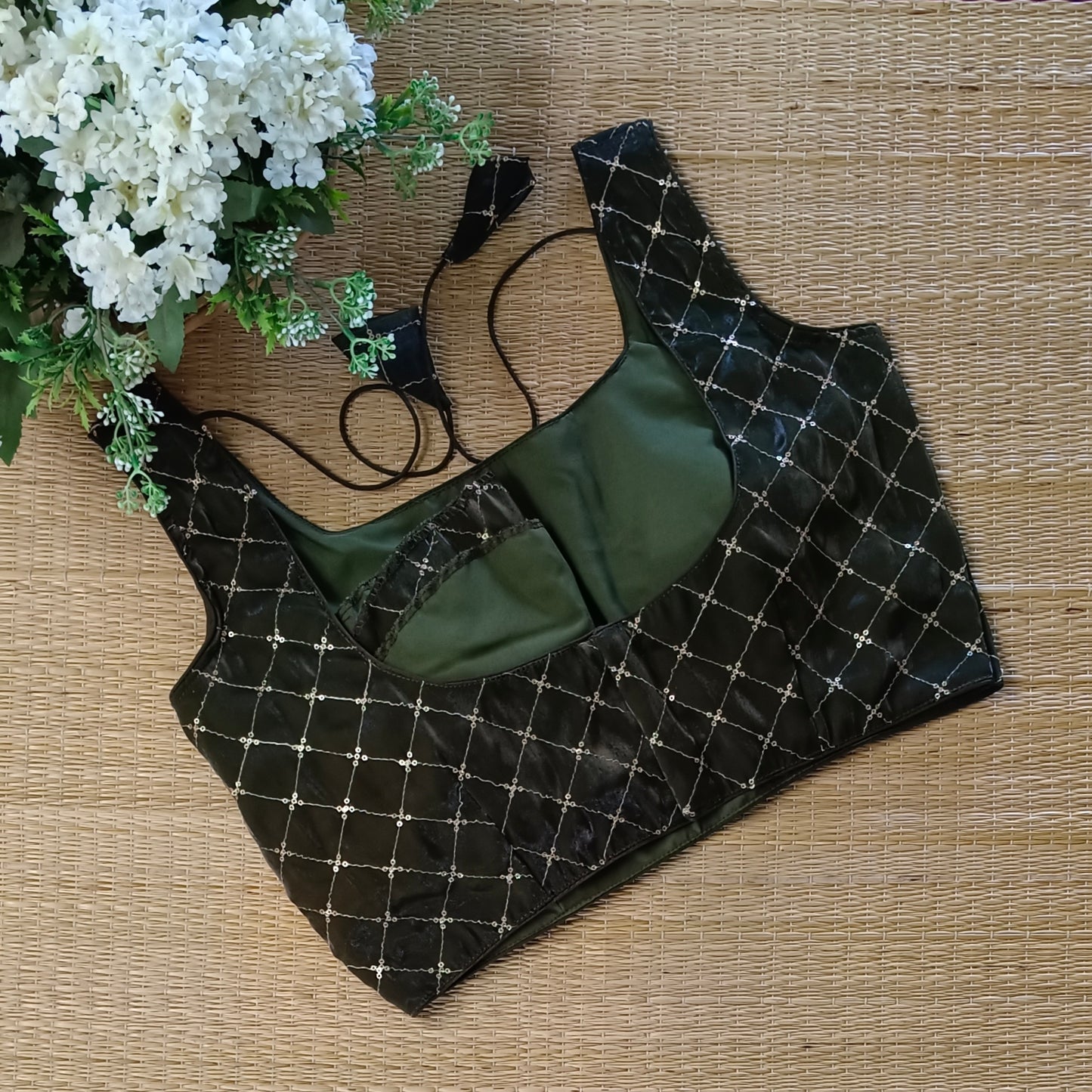 Dark mehendi green Tissue blouse with golden sequence( attachable sleeves)