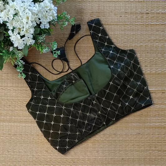 Dark mehendi green Tissue blouse with golden sequence( attachable sleeves)