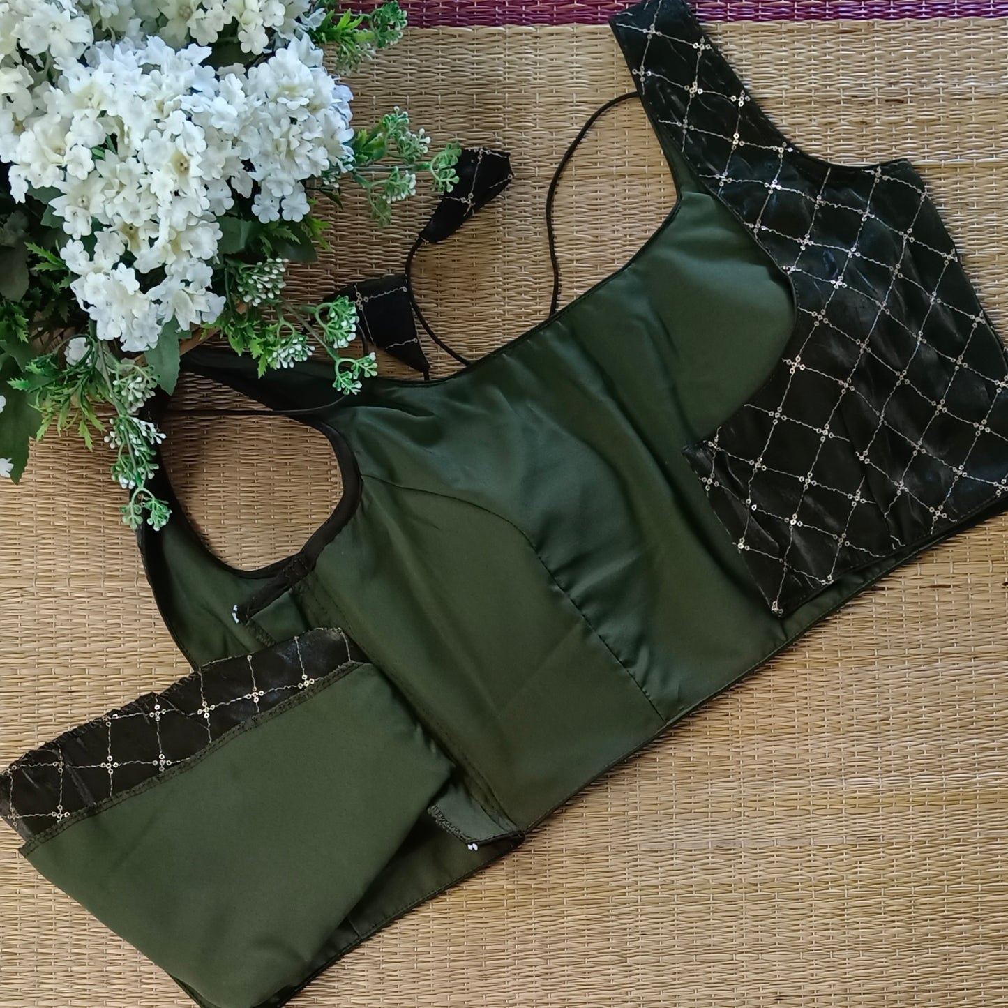 Dark mehendi green Tissue blouse with golden sequence( attachable sleeves)