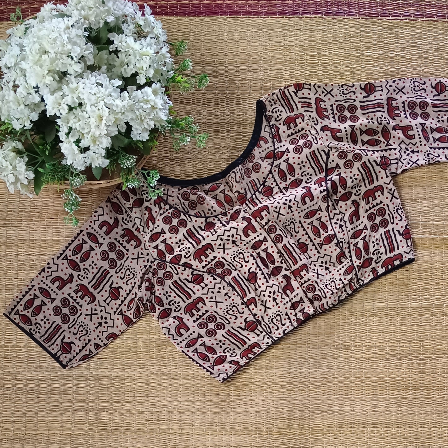 Beige printed cotton boat neck blouse