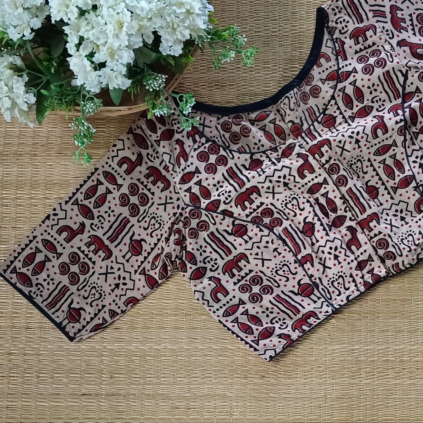 Beige printed cotton boat neck blouse