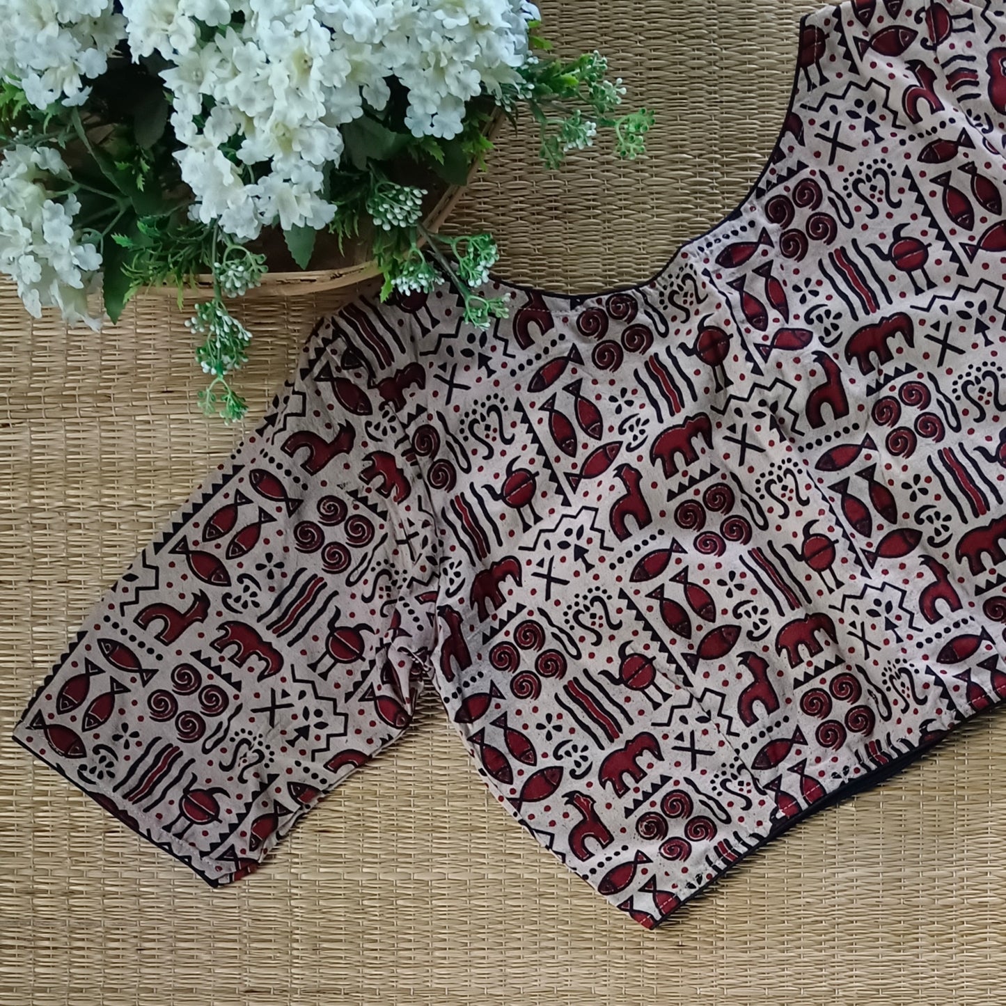 Beige printed cotton boat neck blouse