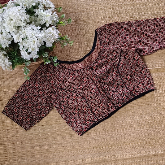 Black printed cotton boat neck blouse