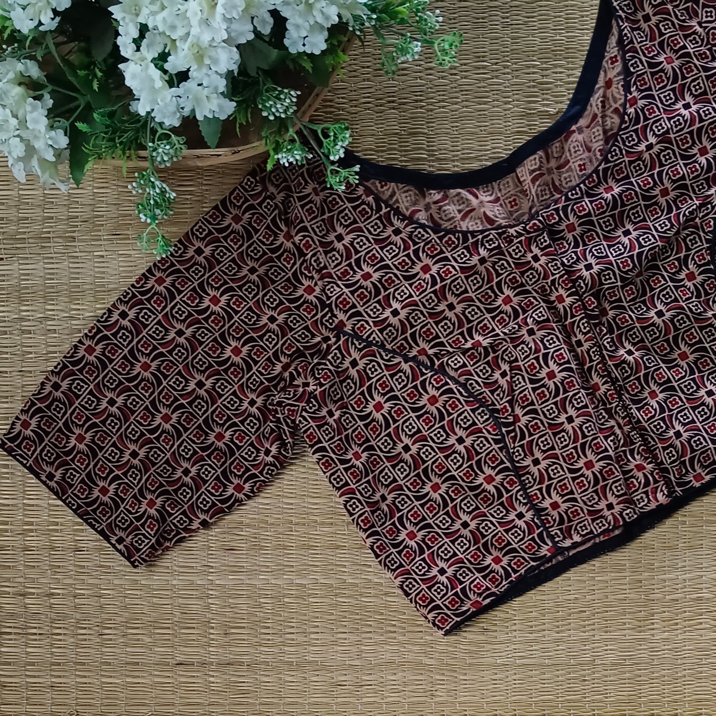 Black printed cotton boat neck blouse