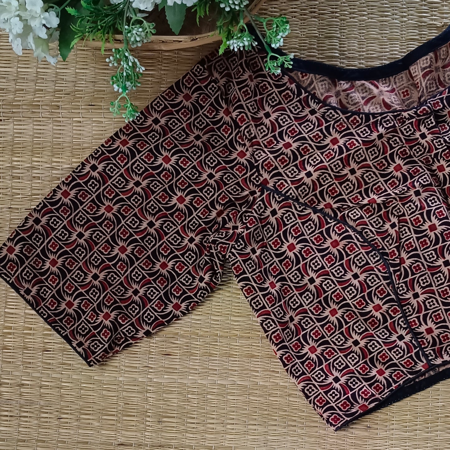 Black printed cotton boat neck blouse