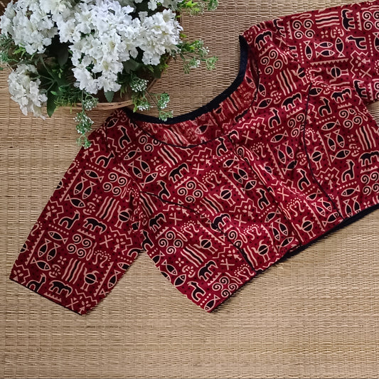 Maroon printed cotton boat neck blouse
