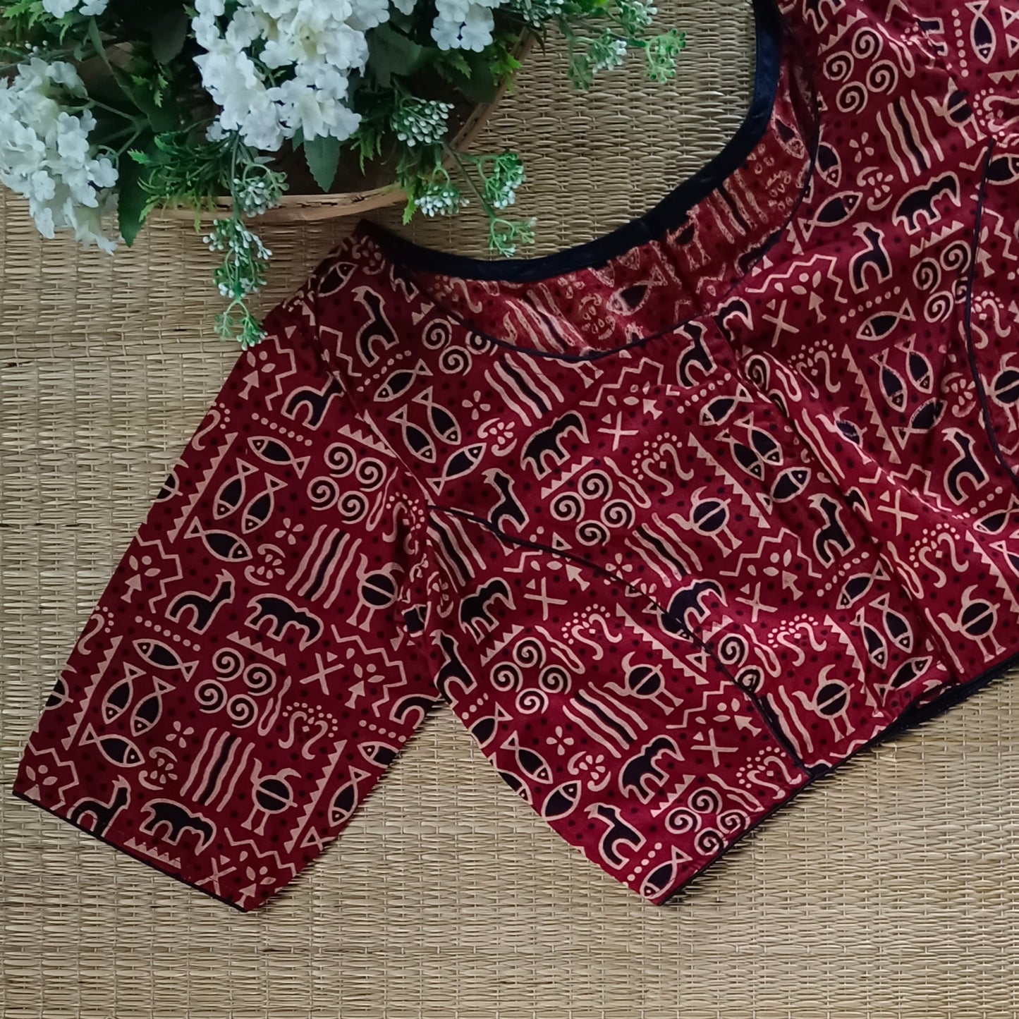 Maroon printed cotton boat neck blouse
