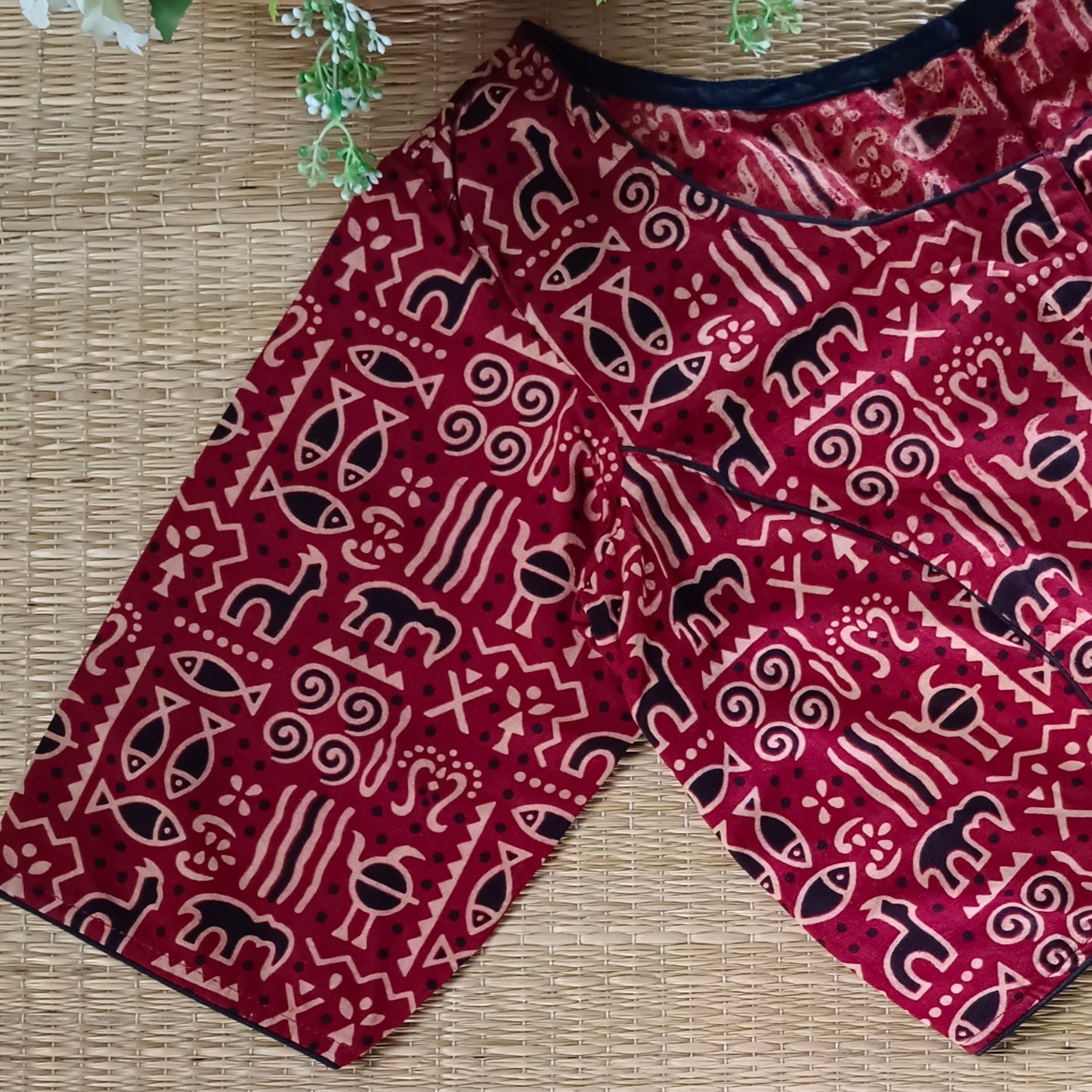 Maroon printed cotton boat neck blouse