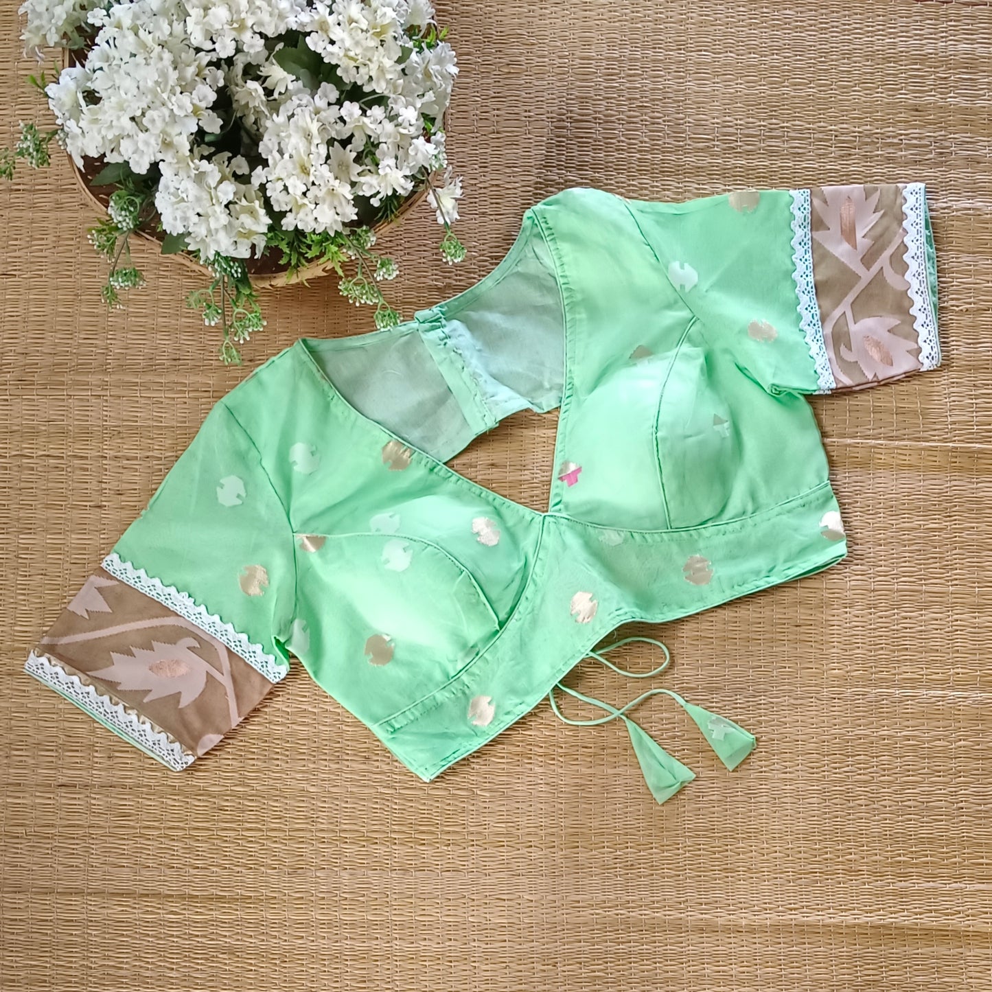 Mint Green Jamdani Backless Blouse