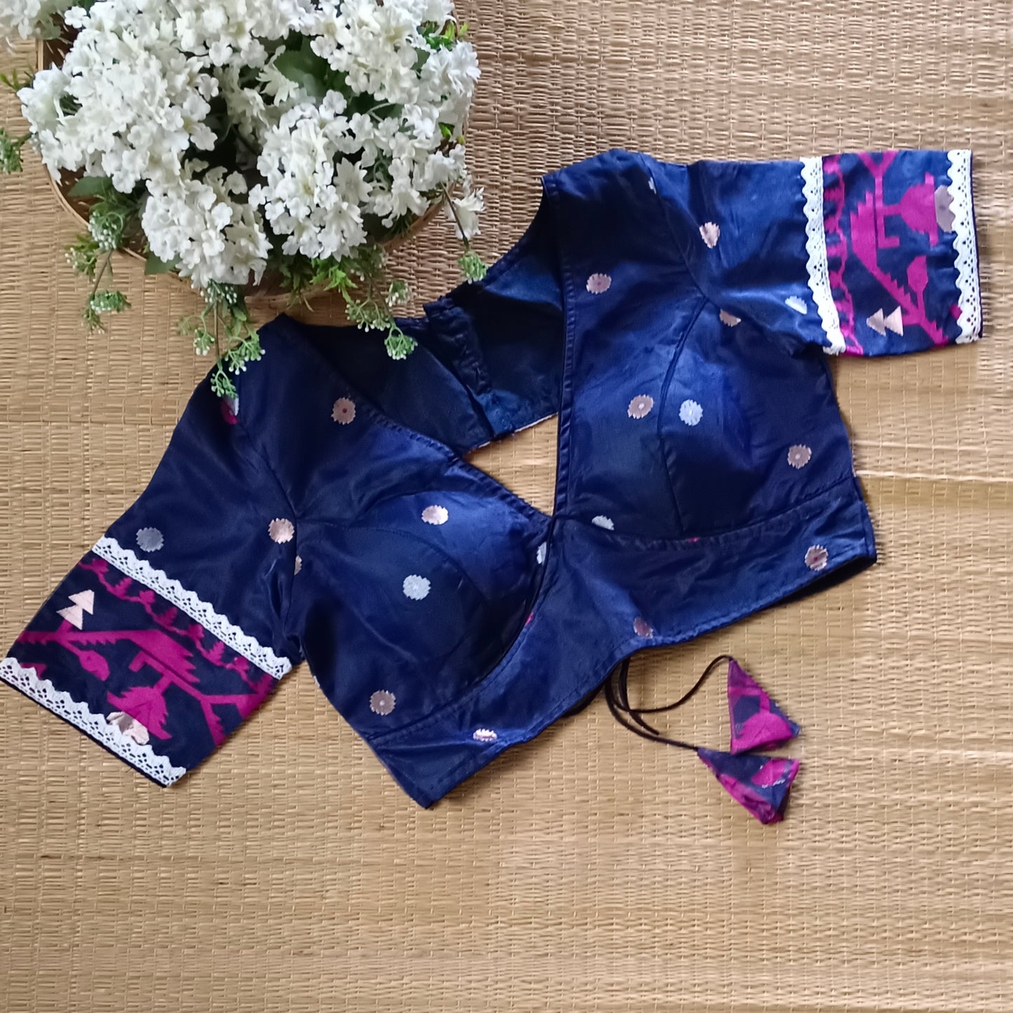 Navy Blue Jamdani Backless Blouse