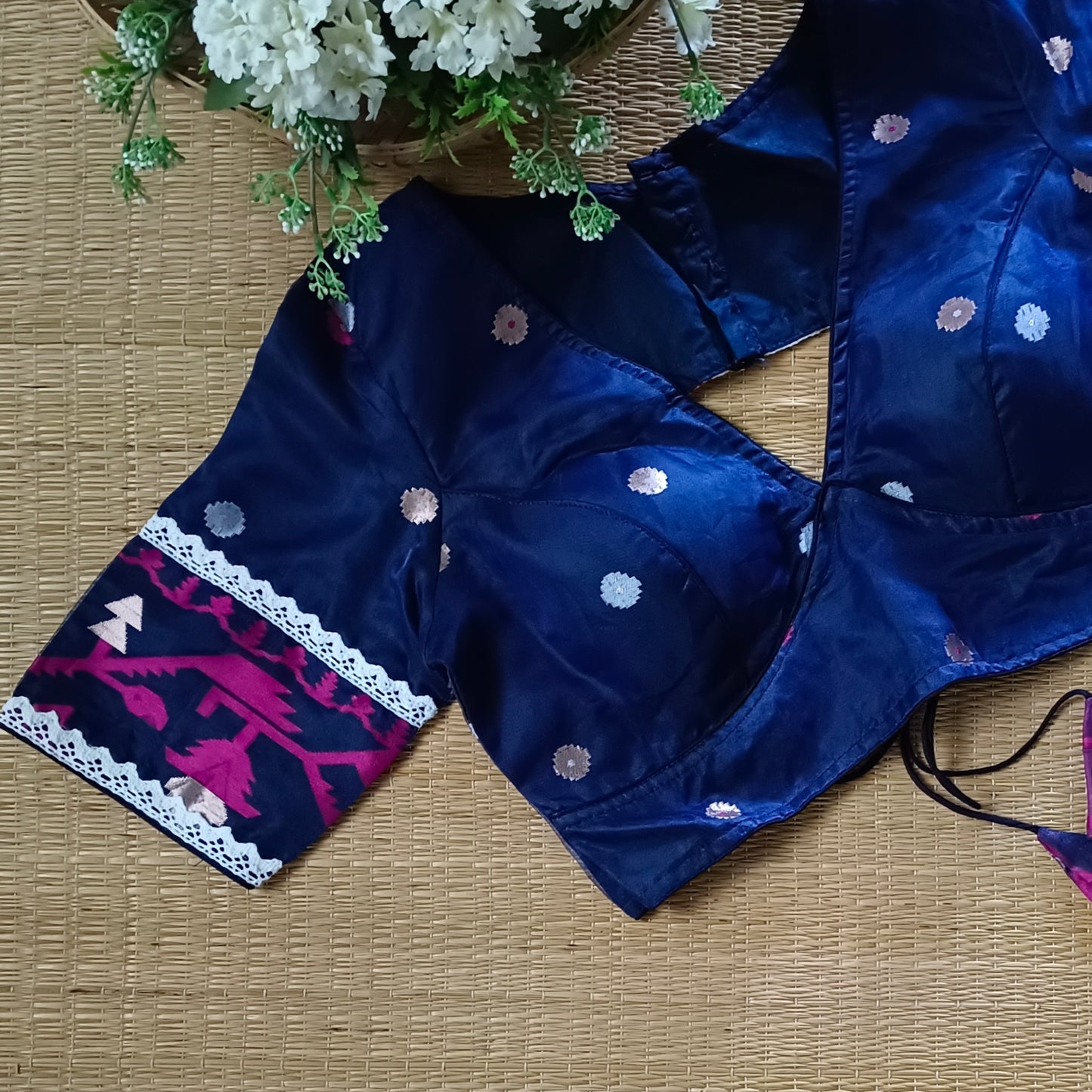 Navy Blue Jamdani Backless Blouse