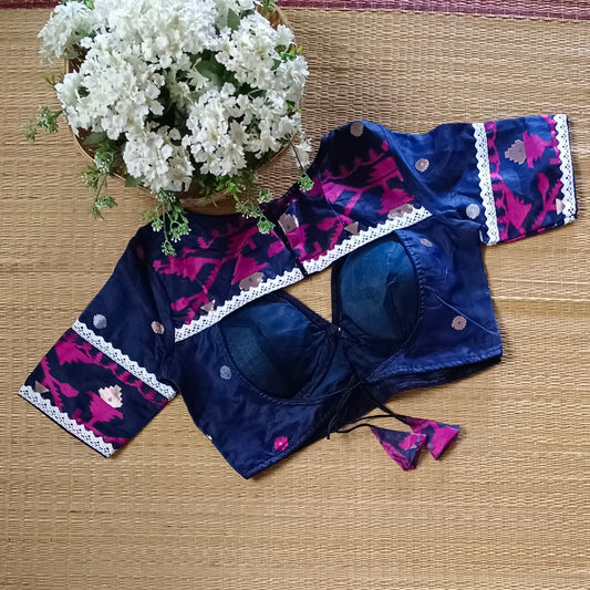 Navy Blue Jamdani Backless Blouse