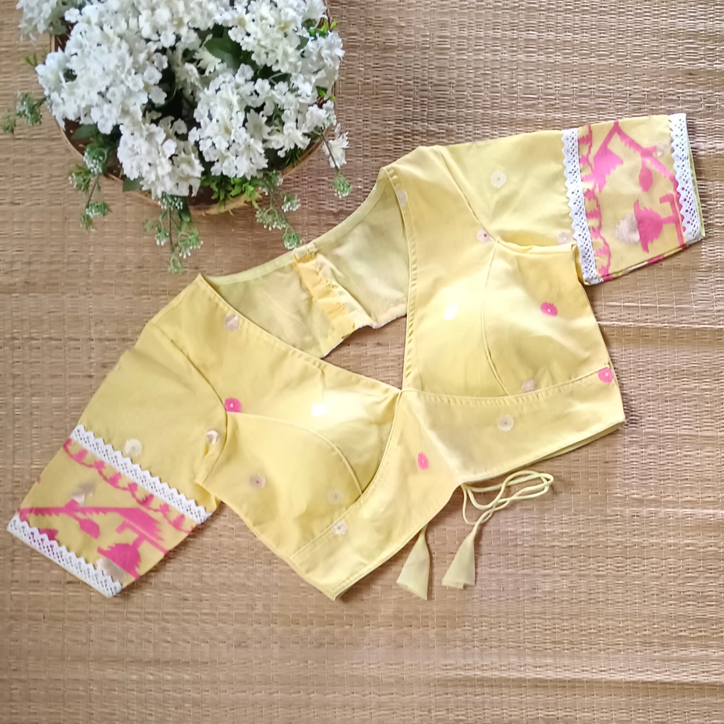 Yellow Jamdani Backless Blouse