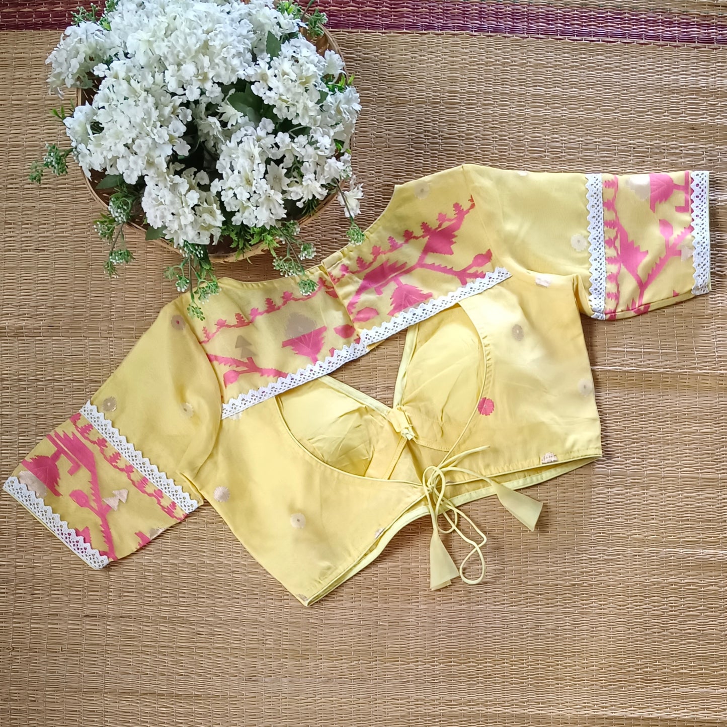 Yellow Jamdani Backless Blouse