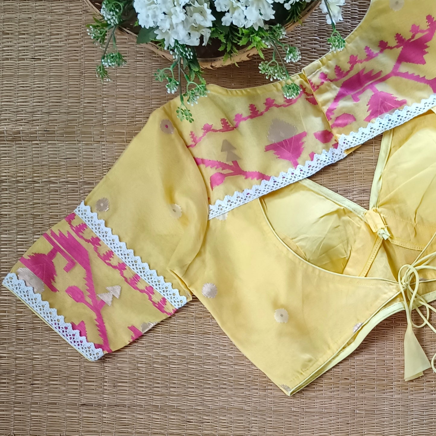 Yellow Jamdani Backless Blouse