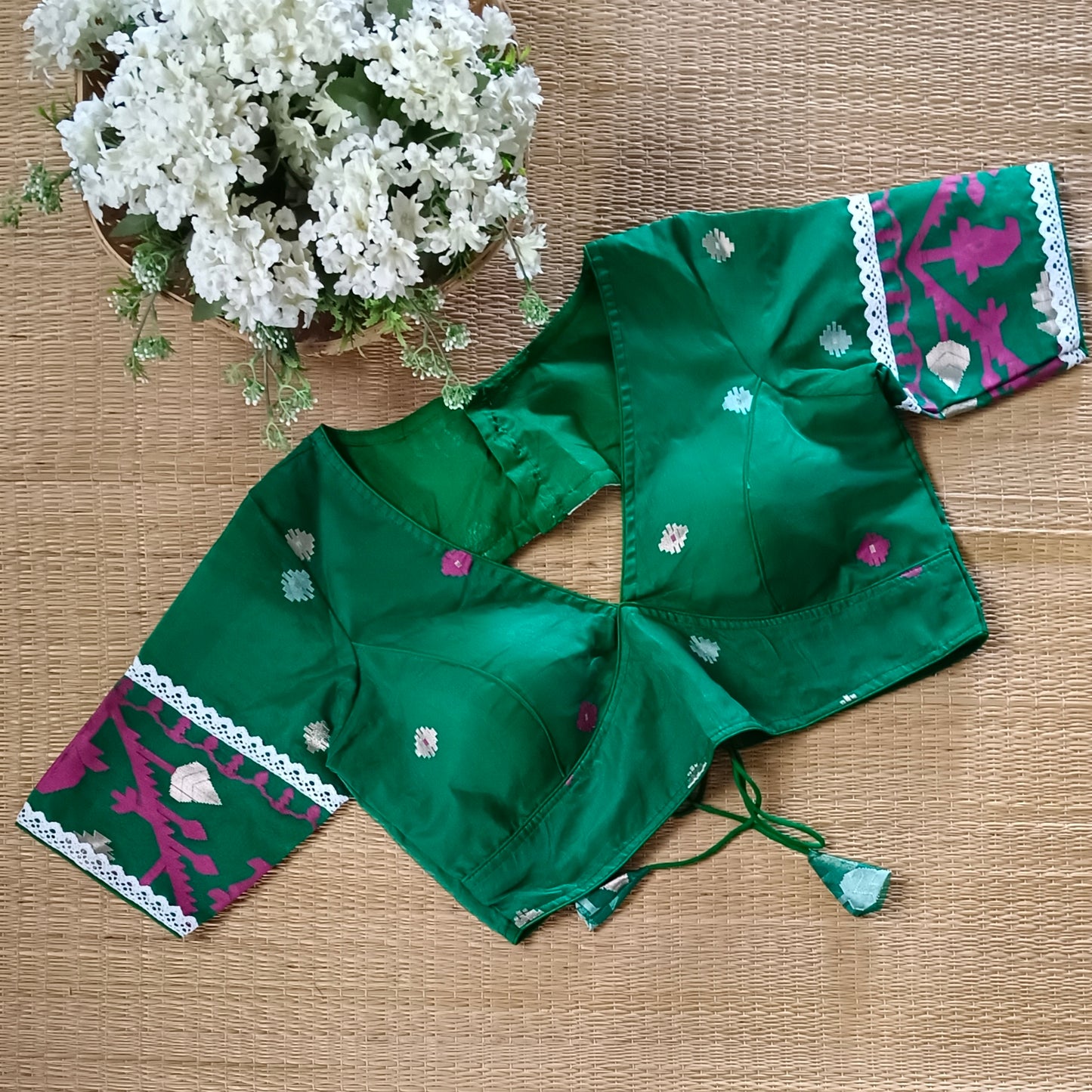 Green Jamdani Backless Blouse