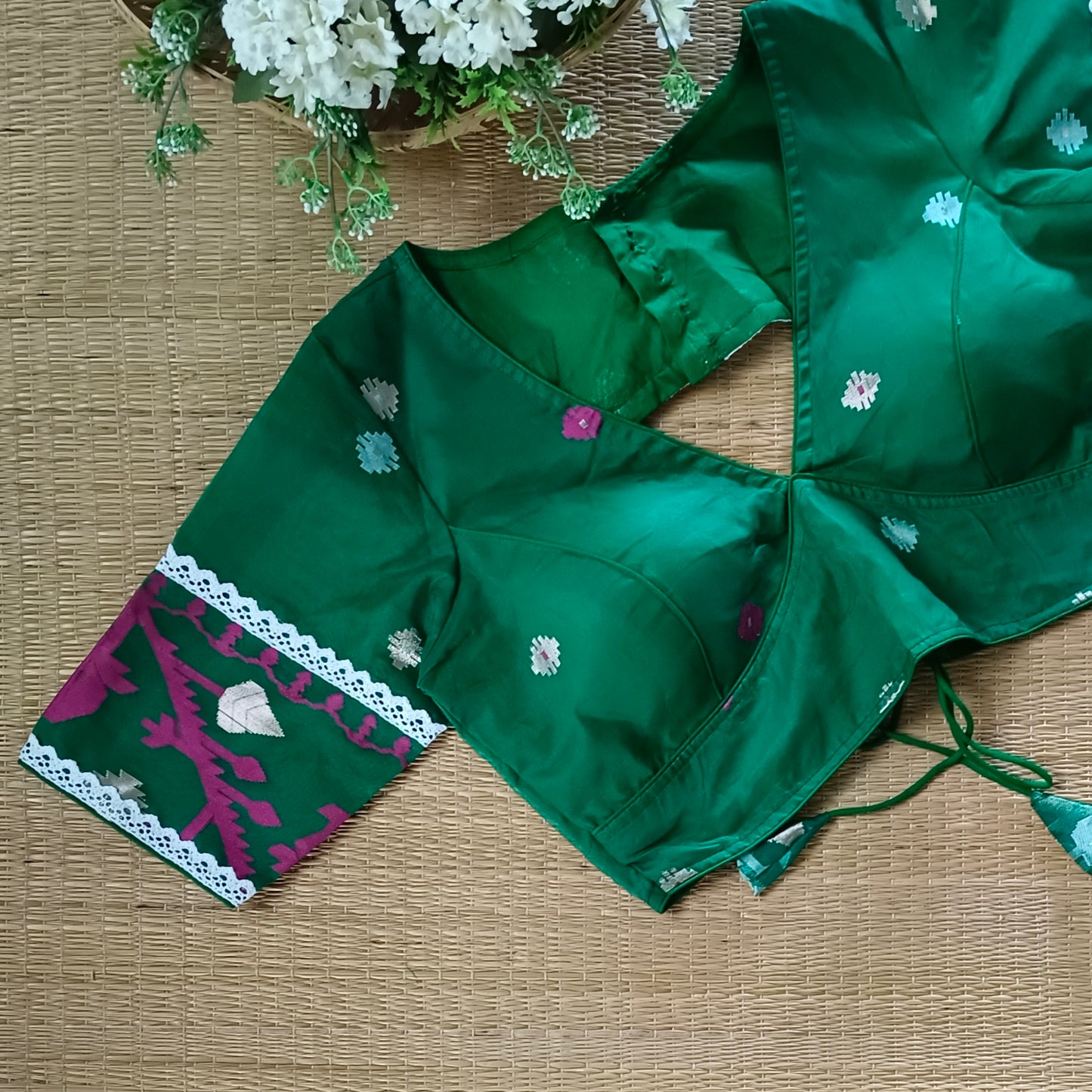 Green Jamdani Backless Blouse