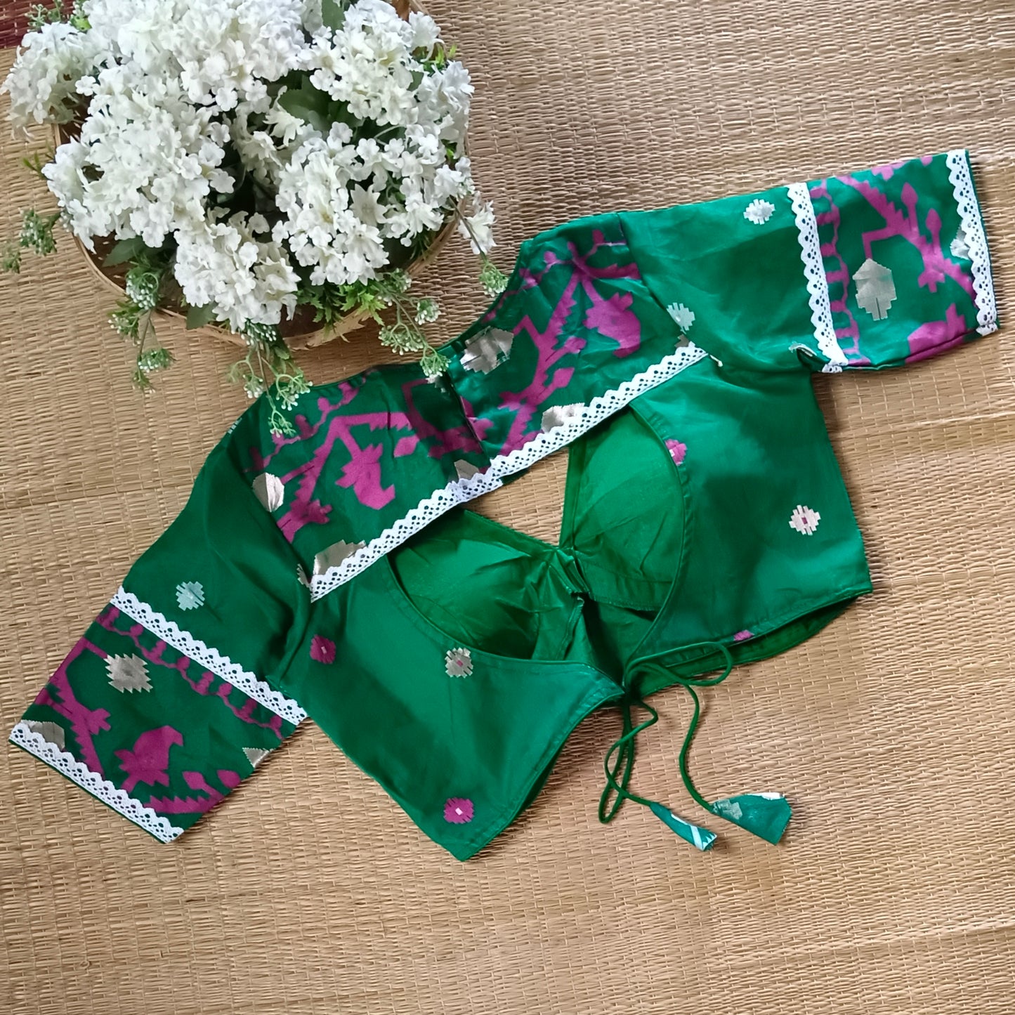 Green Jamdani Backless Blouse