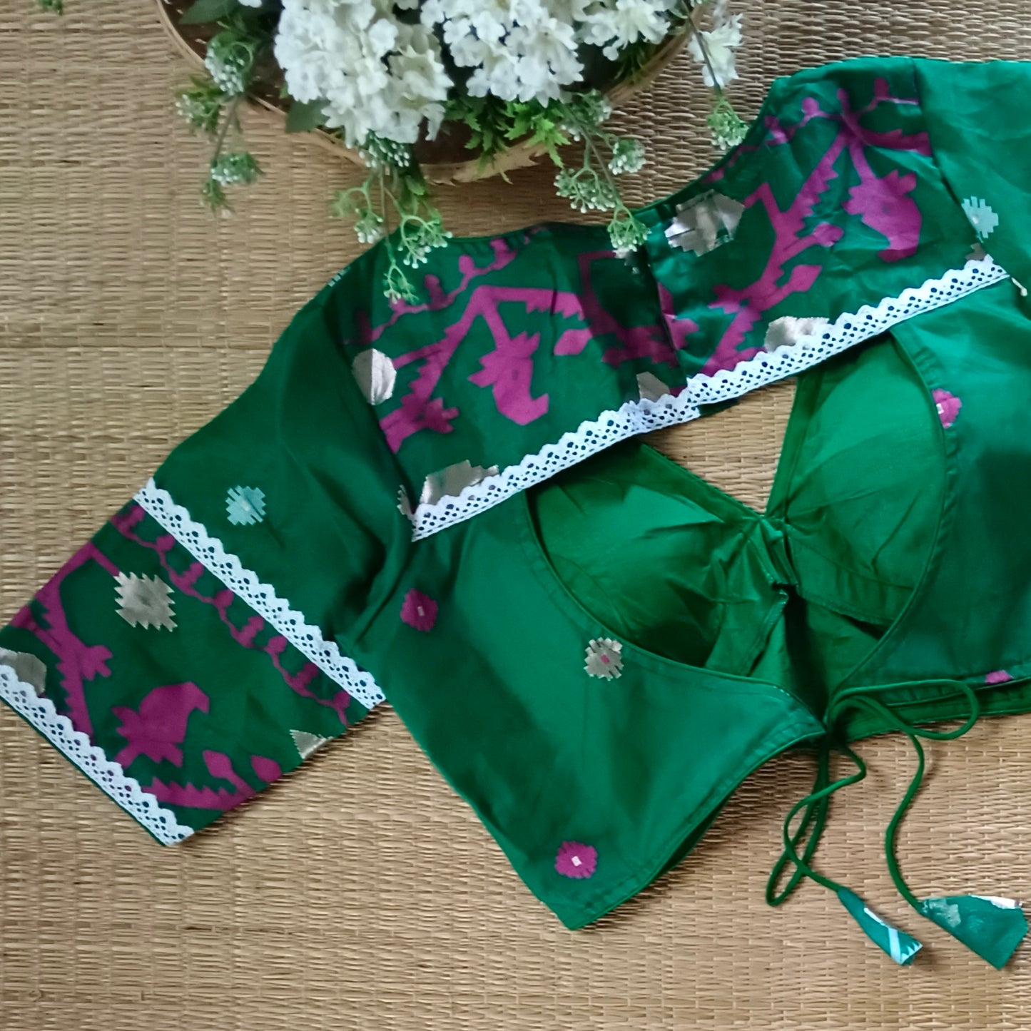 Green Jamdani Backless Blouse