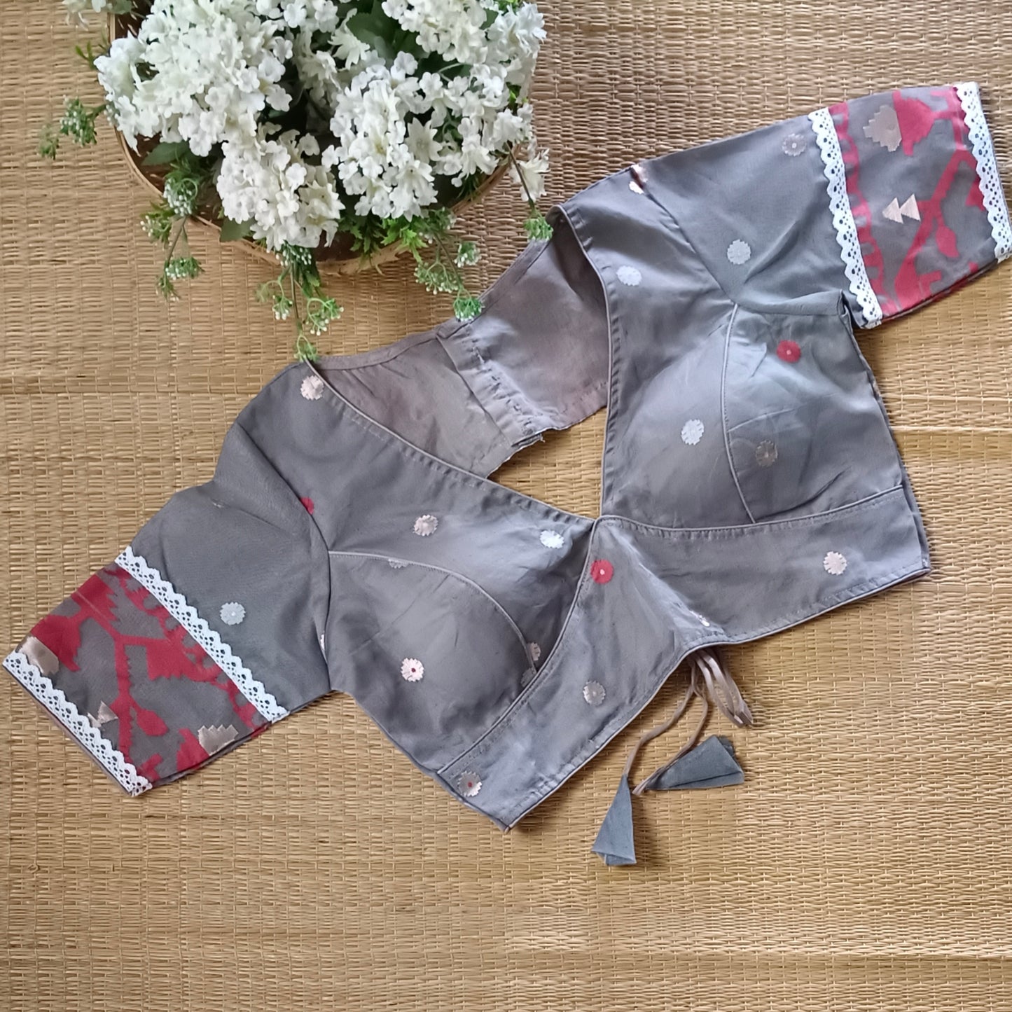 Grey Jamdani Backless Blouse