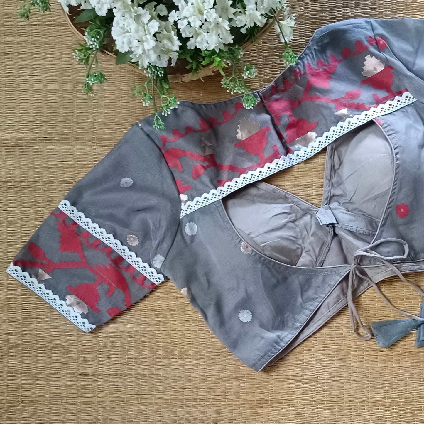 Grey Jamdani Backless Blouse